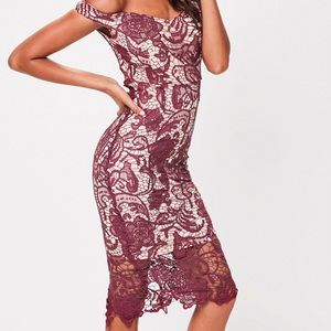 Burgundy Bardot Lace Midi Dress